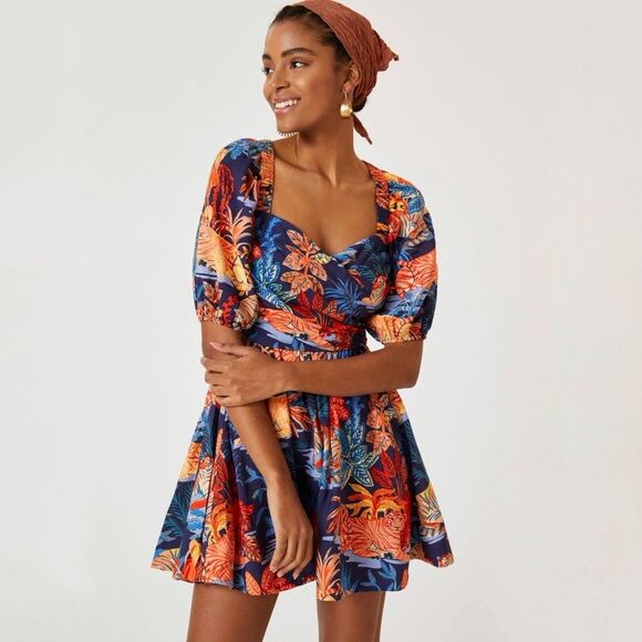 by Anthropologie Puff-Sleeve Mini Dress in Orange Blue Size Small - Picture 1 of 9